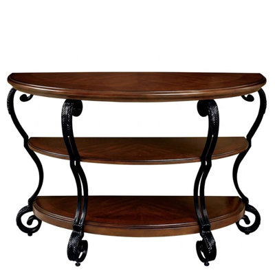 Inez 48 In. Brown Cherry Half Moon Wood Console Table With Two Shelves