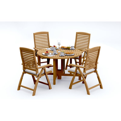  7 Pcs Grade-A Teak Wood Dining Set: 48" Round Butterfly Table And Ashely Folding Reclining Arm Chairs #11AS0906
