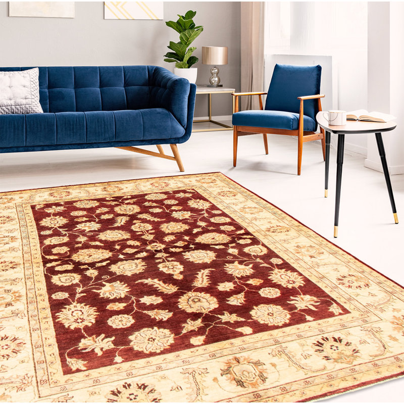 Tapis décoratif en laine noué à la main de conception unique noué à la main New Age 5 pi 8 po x 7 pi 9 po en rouge/brun