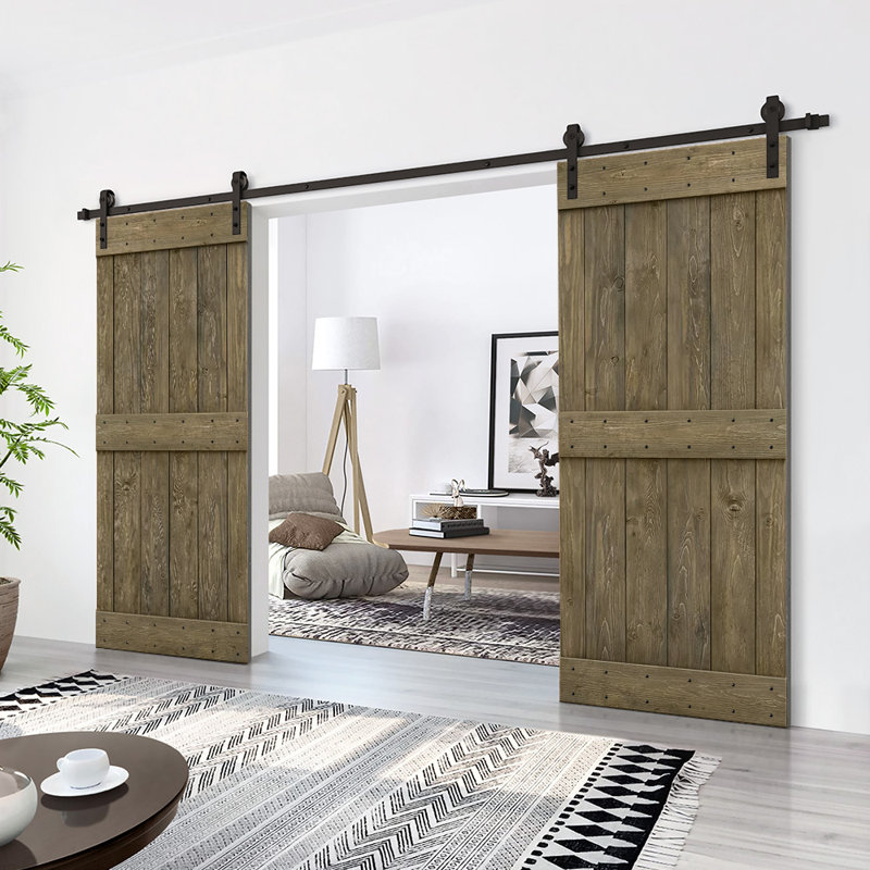 Porte de grange en bois massif lambrissé et métal, Tonneau vieilli, 84 po x 84 po