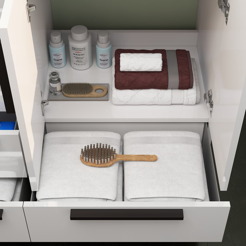 Meuble-lavabo autoportant avec tiroirs latéraux Carla, Blanc brillant, 35"