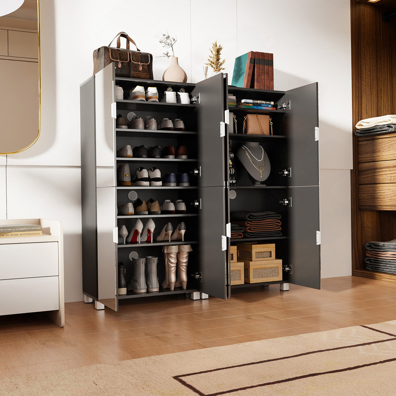 Armoire à chaussures avec 4 portes miroir, armoire de rangement avec tablettes réglables, trous de ventilation