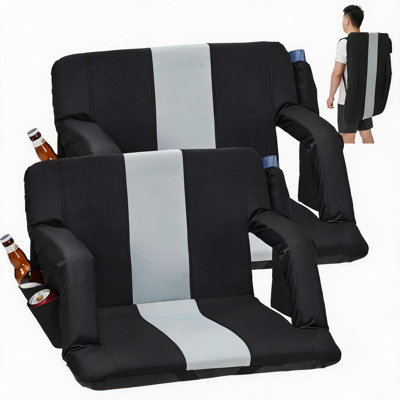 Sièges de stade avec support pour le dos et coussin rembourré - Fauteuil de gradin large avec tapis antidérapant - Sièges de football de stade inclinables avec accoudoirs - 6 angles réglables, grandes poches, 2 porte-gobelets - Gris