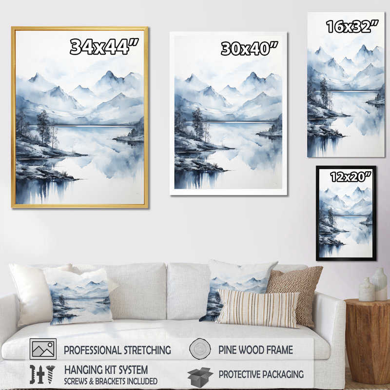 Barrion, gris, bleu, minimalisme, forêt, réflexions I, impression sur toile, H 32 po x l 16 po x P 1 po, Toile tendue