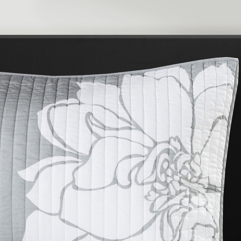 Courtepointe en coton imprimé 6 pièces, gris / pêche, double / grand, réversible, motif floral, rembourrage doux, pièce de coussins décoratifs avec coussins, coton, conception réversible, literie chaleureuse et tendance