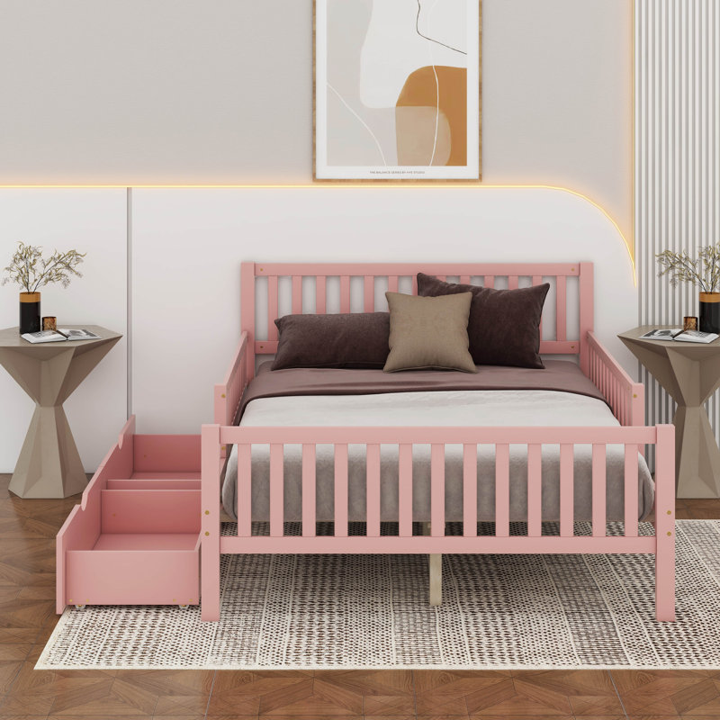  Lit plateforme en bois avec garde-corps et 2 tiroirs, Lit double, Rose
