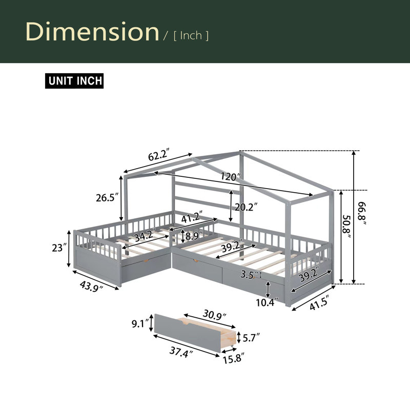 Lit plateforme simple avec trois tiroirs de rangement, Grey