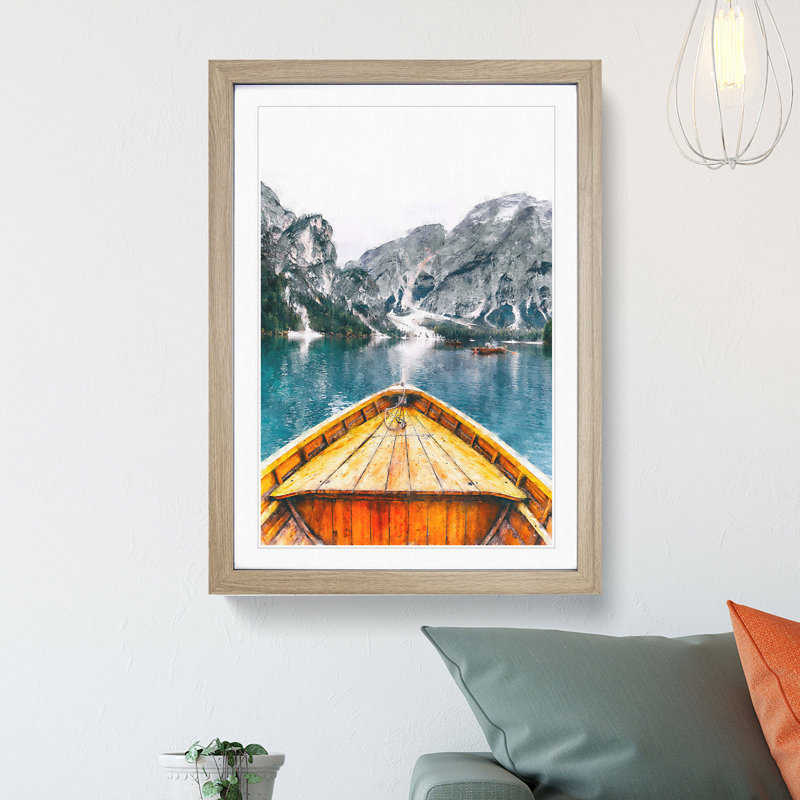 Boat in Lago di Braies Italy Abstract - Picture Frame Graphic Art Print, Oak Framed, 33cm H x 24cm W x 2cm D