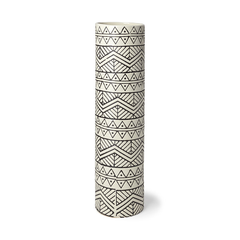 17" Cream and Charcoal Geometric Cylinder Ceramic Vase, 17" H x 5" W x 5" D