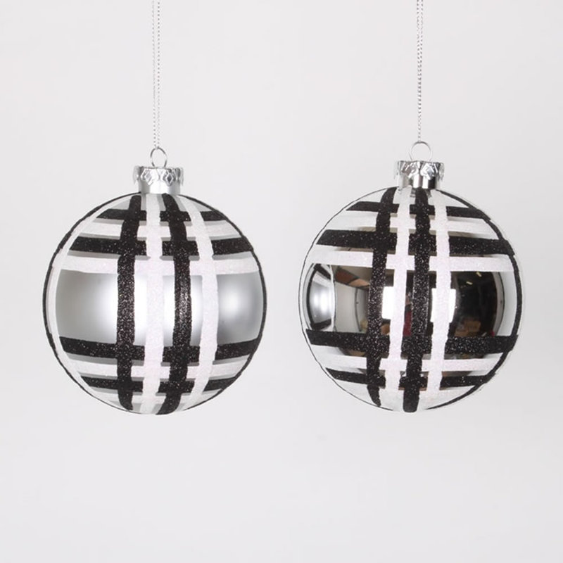 Ornement boule de noël incassable paillettes écossais, Argent / noir / blanc