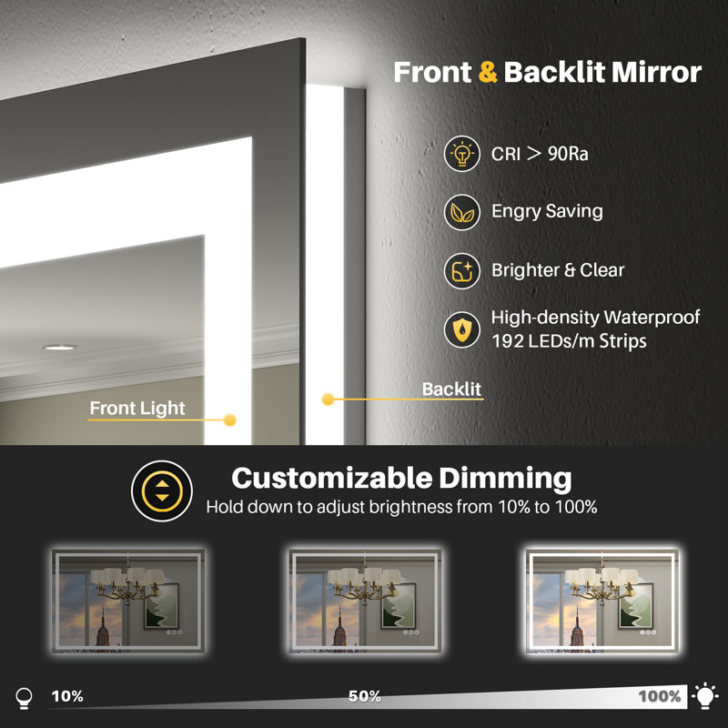LED Bathroom Mirror with Lights, Backlit & Front Lit, Lighted Wall Mirrors for Bathroom Vanity, Touch Screen Dimmable, Anti-Fog, Memory Function, HD Tempered Glass, Shatter-Proof, ETL Listed