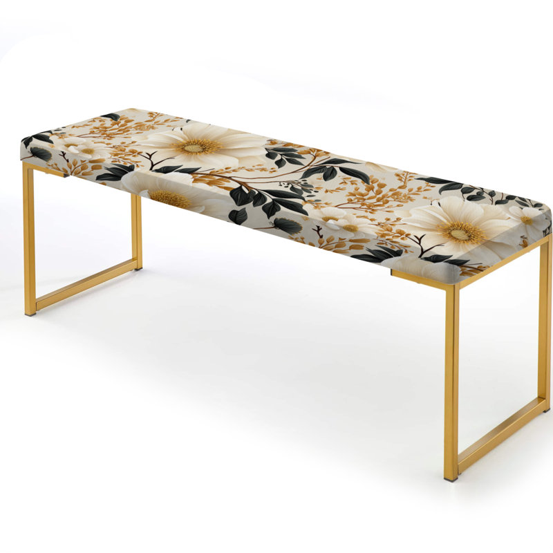 Floral Upholstered Gold Bench, Vintage Ivory Flower Symphony II