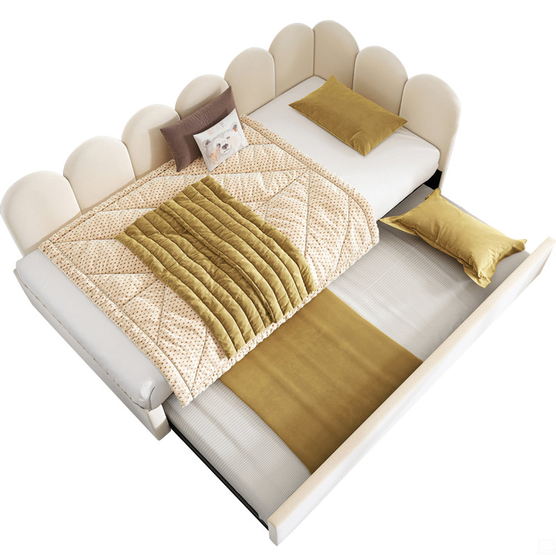 Upholstered Bed Daybed With Pull-Out Bed, Twin Size Single Sofa Bed,Guest Beds, Beige