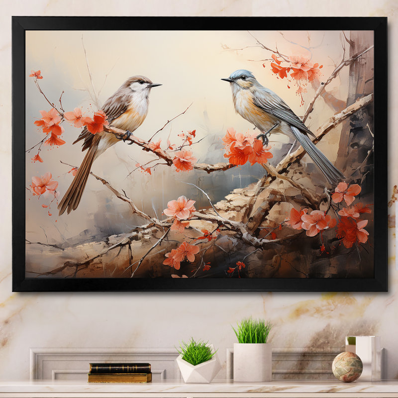 «Pink and Blue Birds on Blossom Tree I», art mural oiseau, Cadre flottant doré, H 16 po x l 32 po x P 1 po