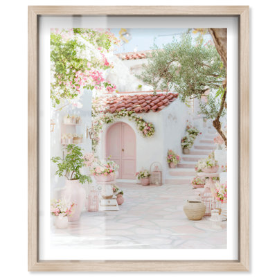 «Pink Archway Paradise II Shadowbox Print Vintage Coastal Decor» par Notoriart, cadre en chêne naturel, 24 x 30