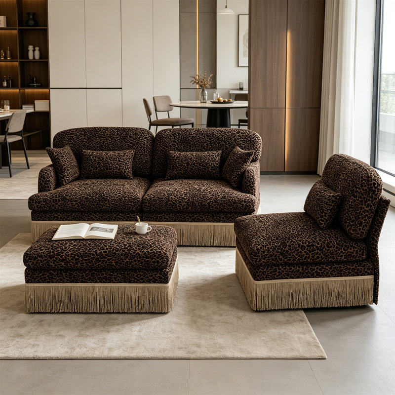 Canapé modulaire en forme de L de 100 po à imprimé léopard - Canapé modulaire en chenille avec repose-pieds mobile, assise profonde, garniture à pampille, assemblage facile
