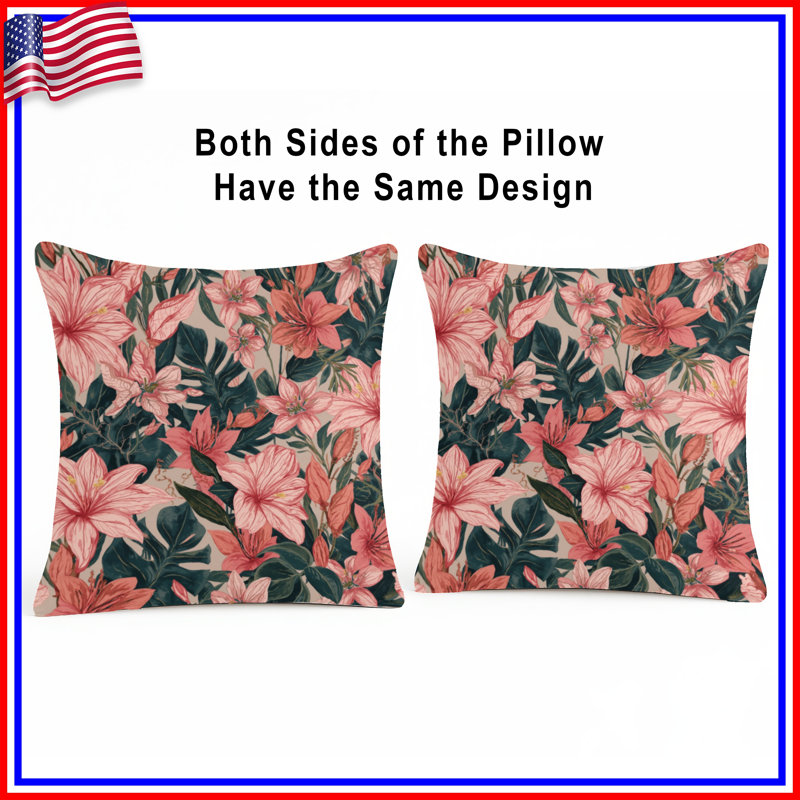 Coussins décoratifs roses à motif de fleurs tropicales, 26 x 26 pouces