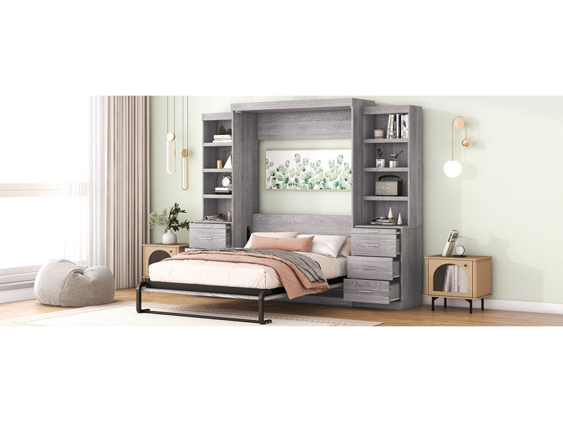 Lit escamotable Tula avec tablettes de rangement et tiroirs pour petite chambre