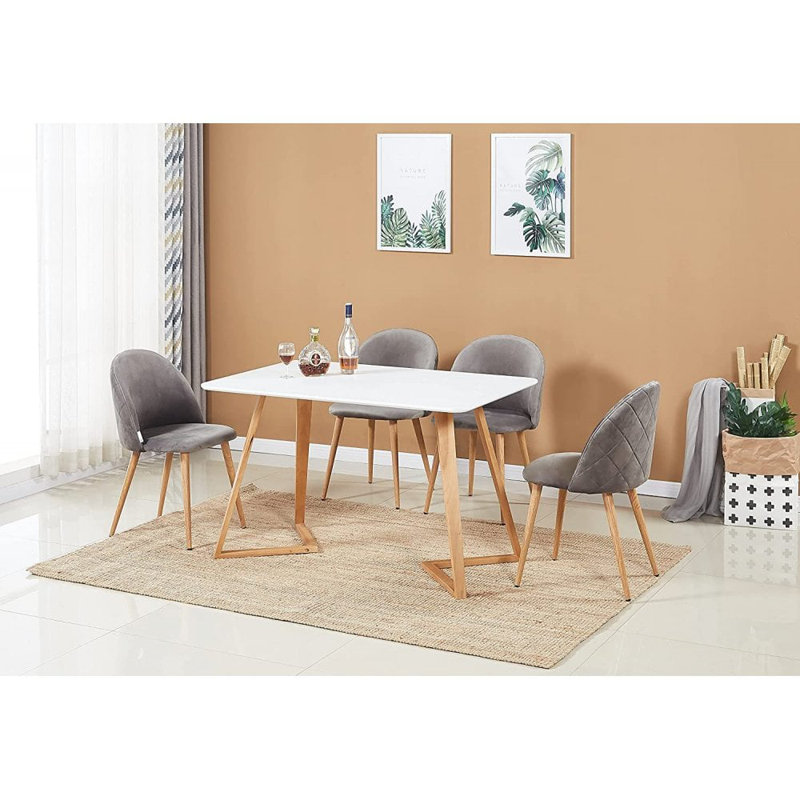 Gunhilda 4 Person Dining set - a Rectangular Plastic Dining Table with Wooden Legs and a Set of 4 Quilted Velvet Dining Chairs for Dining Room - Modern Dining Table Set