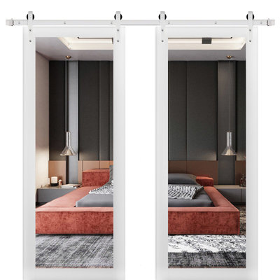 Lucia Mirrored Glass Wood Sturdy Interior Barn Doors with Installation Hardware Kit