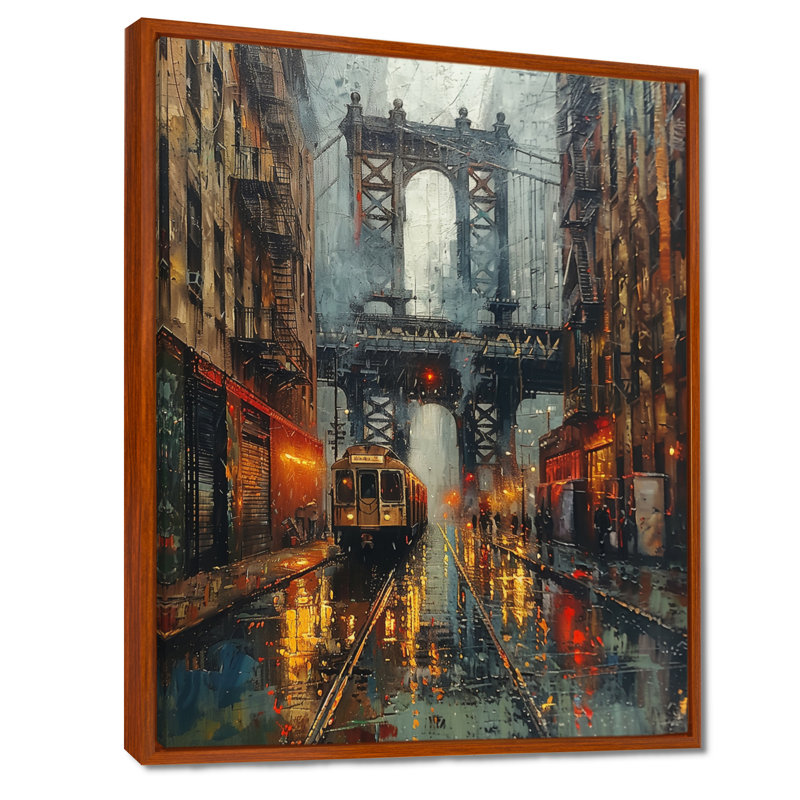 Pont brun et rouge Brooklyn City Bridge - art mural, Toile avec cadre flottant brun, H 32 po x l 24 po x P 1 po