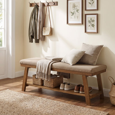 Banc de rangement rembourré en lin de 43,5 po avec tablette de rangement ouverte