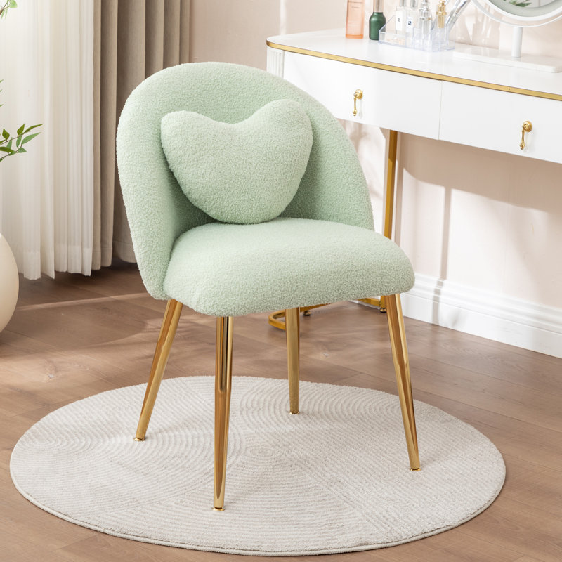 Teddy Fabric Vanity Chair With Backrest And Pillow, Cute Small Cozy Desk Chair No Wheels,Comfy Makeup Ch With Ajustable Gold Legs