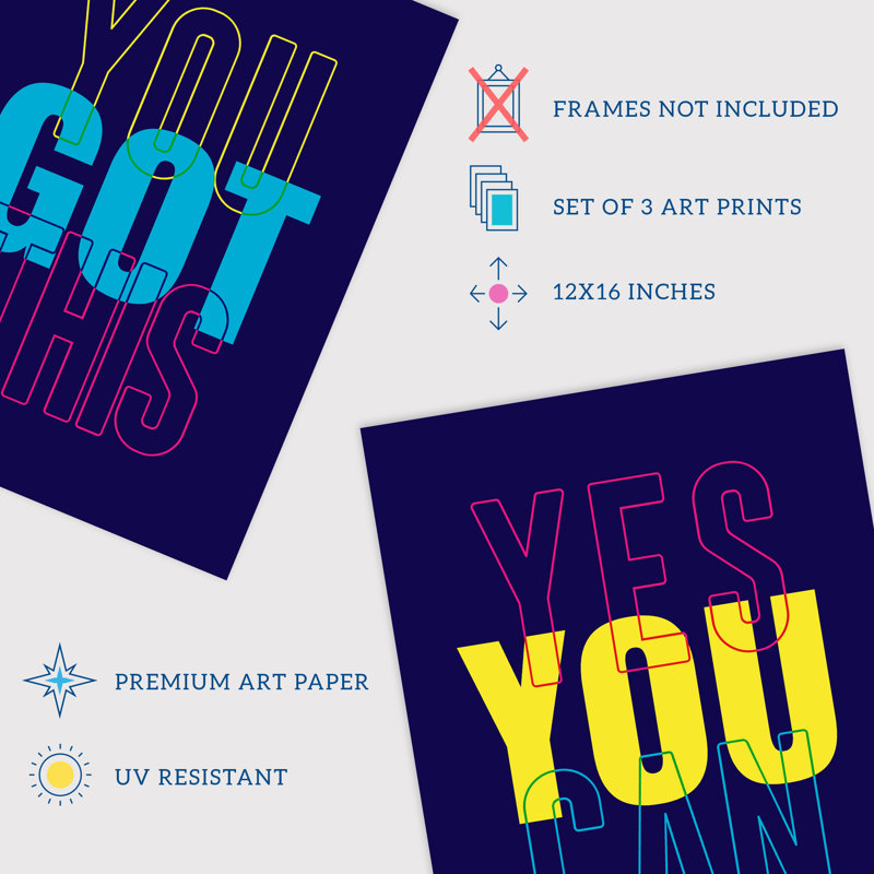 Good Vibes You Got This Yes You Can Neon Motivational - 3 Piece No Frame Print Set, 40.5cm H x 30.5cm W x 0.3cm D
