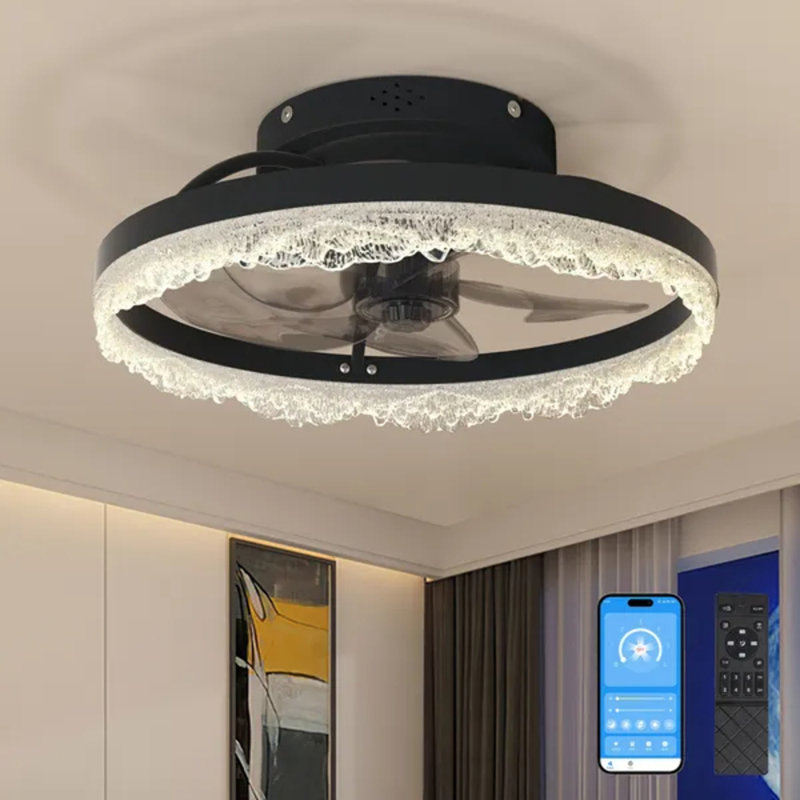 16" Decorative Led Ceiling Fan Light, Modern Flush Mount With Crystal-inspired Acrylic Ring, Hidden Blades, Remote & App Control, Dimmable Low Profile Fan For Bedroom Living Room (black)