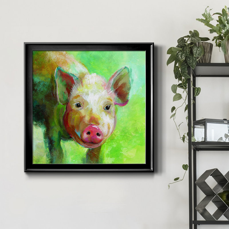 «Colorful Quirky Pig», peinture sur toile encadrée, Cadre noir, H 26,5 po x l 26,5 po x P 1,5 po