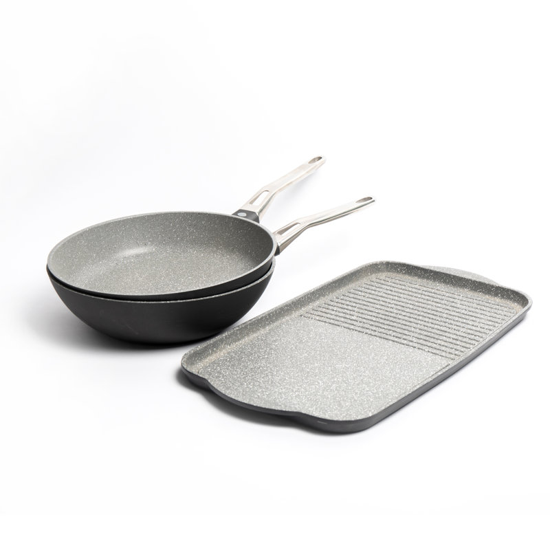3pc Non-Stick Cast Aluminium Cookware Set with Wok, Frying Pan & Dual Griddle Tray