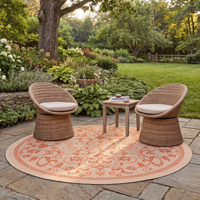 Tapis intérieur / extérieur ivoire Arneshia, Rond 5 pi 3 po