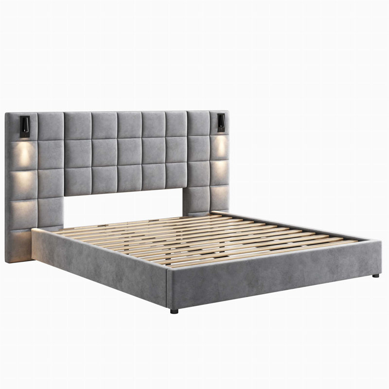 Upholstered bed,with reading lamp and USB port, wide headboard,without bedside tables and mattress, velvet, grey, King