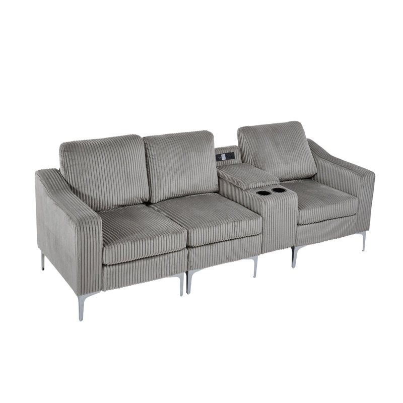 Canapé modulaire convertible en velours côtelé avec porte-gobelets, Velours côtelé gris