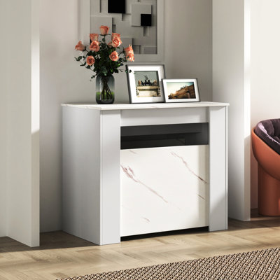 Console extensible de 118,50 po de long, aspect marbre blanc, panneau en bois aggloméré et élégant, finition en marbre et panneau en bois aggloméré, mobilier polyvalent