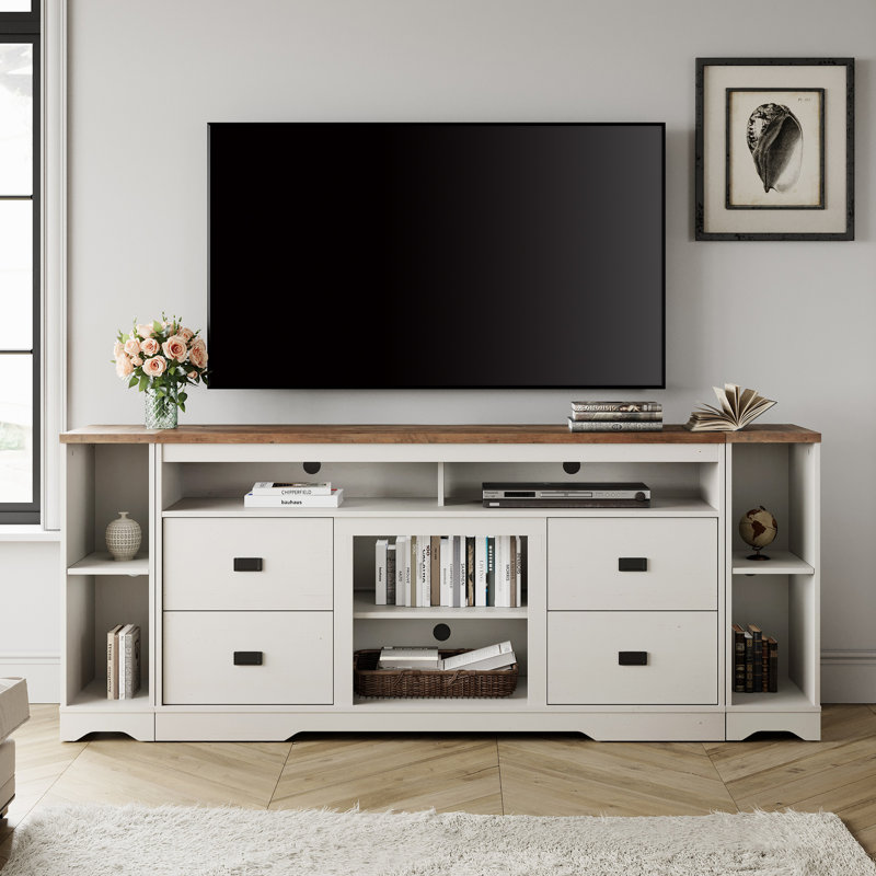 Meuble télé 3 en 1 pour téléviseur de 85 po avec 4 tiroirs et espace de rangement spacieux Laziza Morden, Blanc