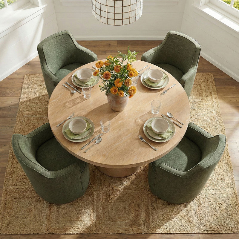 Ensemble de table de salle à manger pour 4 personnes avec table ronde et 4 chaises rembourrées en tissu, Vert