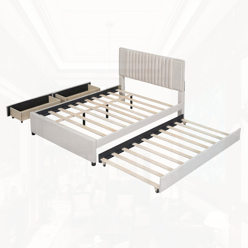 Upholstered Platform Bed With 2 Drawers And Twin XL Trundle, Beige, Full