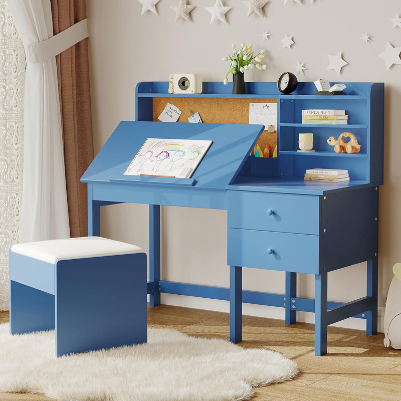 Ensemble de bureau et chaise, table d'étude en bois avec bureau inclinable réglable, tiroirs et planche de liège - Ensemble de bureau d'apprentissage