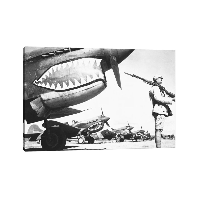 A Chinese Soldier Guards A Line Of American P-40 Fighter Planes During WWII by Stocktrek Images - Wrapped Canvas Print