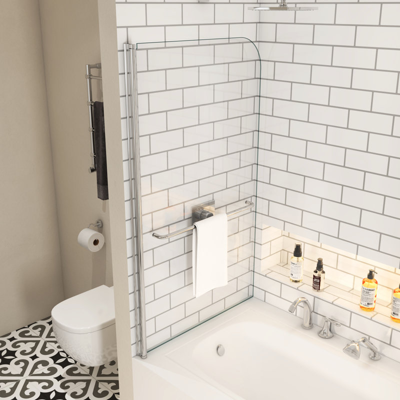 1/4" Tempered Clear Glass Shower Screen For Bathroom With Lovely Towel Bar - 3458 Style Magnetic, Silver