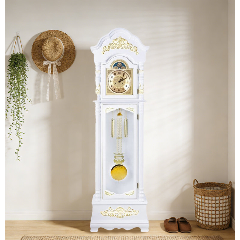 Élégante horloge de plancher en bois massif avec motifs floraux sculptés à la main