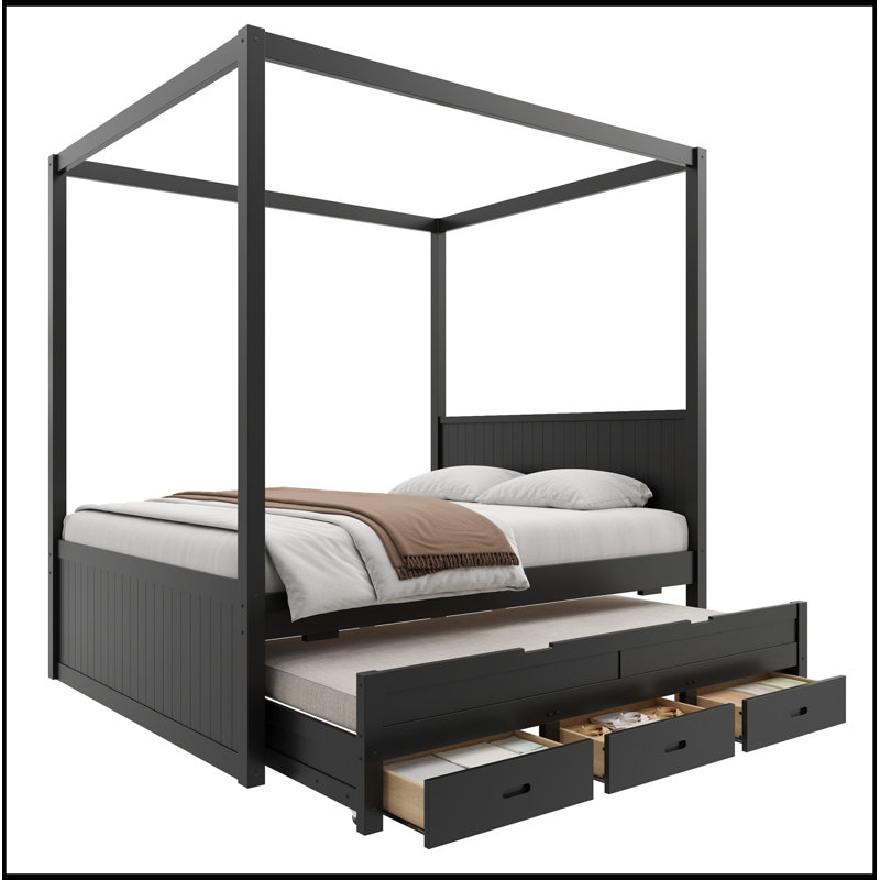 Grand lit plateforme avec auvent pour lit gigogne simple et 3 tiroirs de rangement, Black