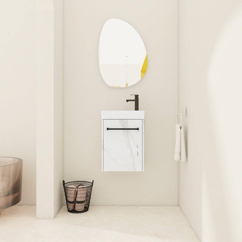 Meuble-lavabo avec lavabo en céramique de 16 po et porte à fermeture en douceur. Pour petite salle de bain. Blanc moderne. Évier de rangement riche. Style armoire.
