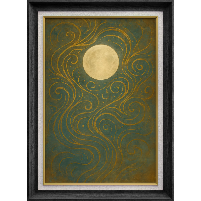 Pleine lune avec lignes dorées fluides sur fond vert foncé, impression sur toile encadrée, H 36 po x l 26 po x P 1,5 po