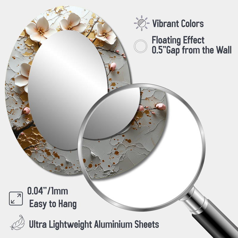 White Gold Cherry Blossom Blooms I - Large Oval Wall Mirror On Metal, 40" x 30"