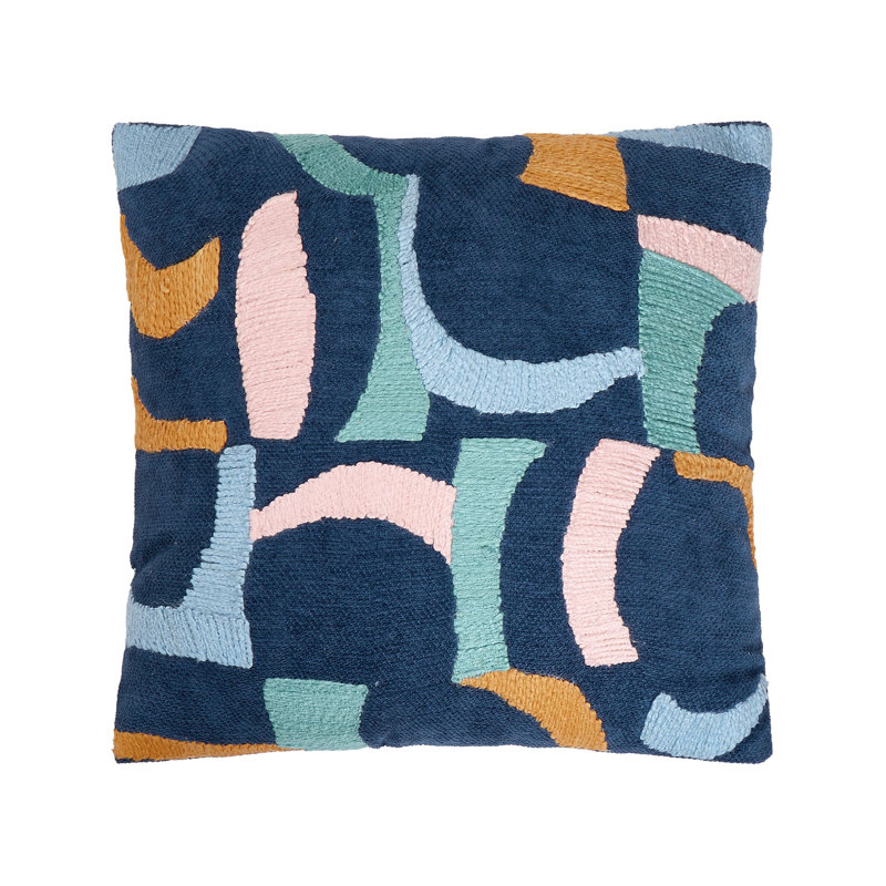 Coussin brodé bleu marine et formes vives