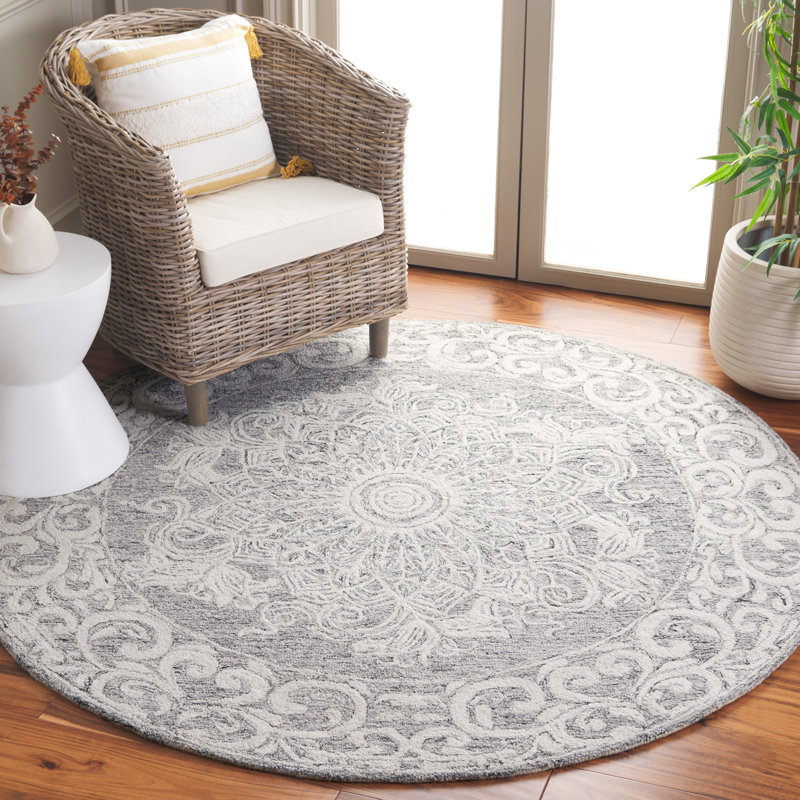 Abstract Hand Tufted Wool With Cotton Cloth Backing Floral Rug, Round 6'