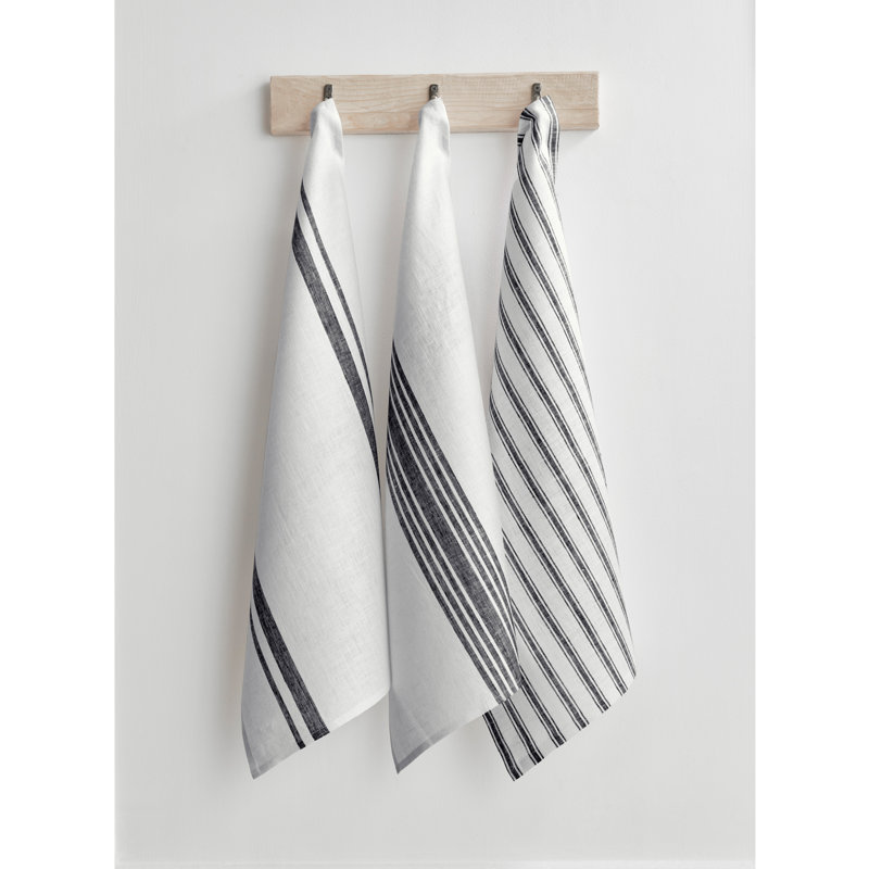 Set of 3 Black and White Linen Kitchen Towels