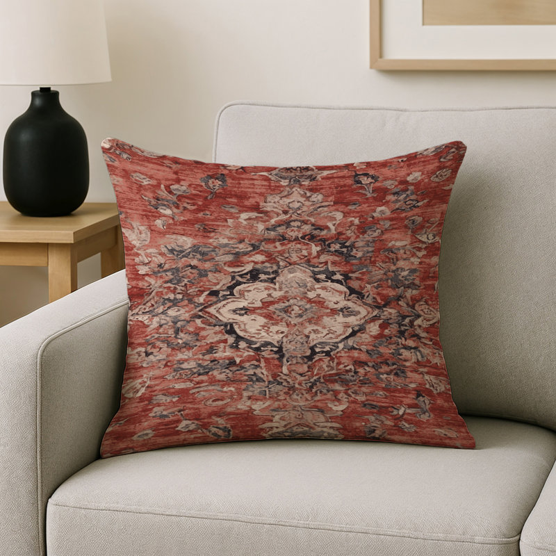 Coussin décoratif intérieur et extérieur Modern, Terre cuite / gris / damas beige, Carré 16 po